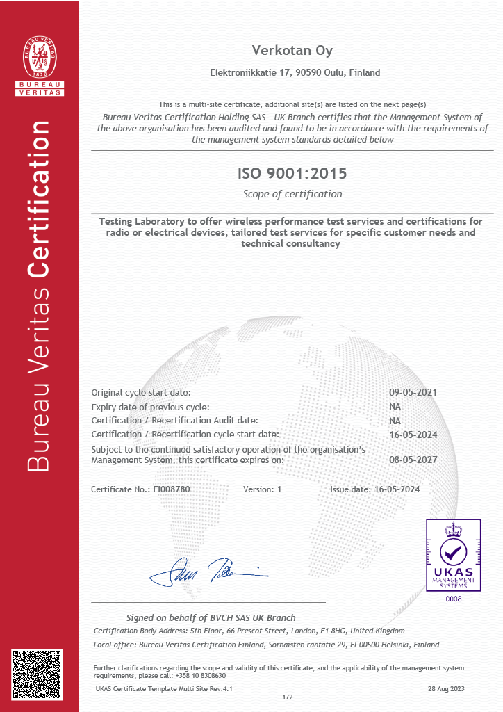 ISO 9001:2015 Certificate for Verkotan Oy.